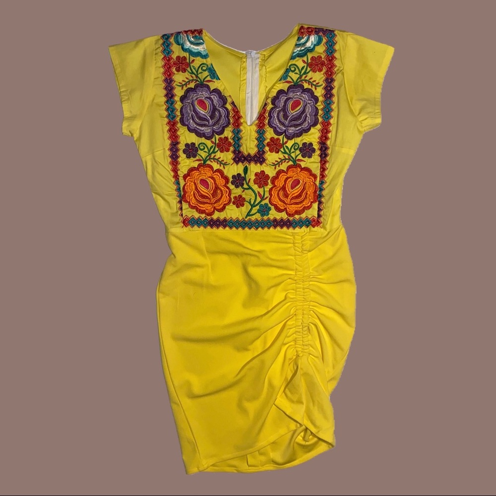 Woman’s Mexican Style multicolor embroidered short sleeve yellow dress Handmade